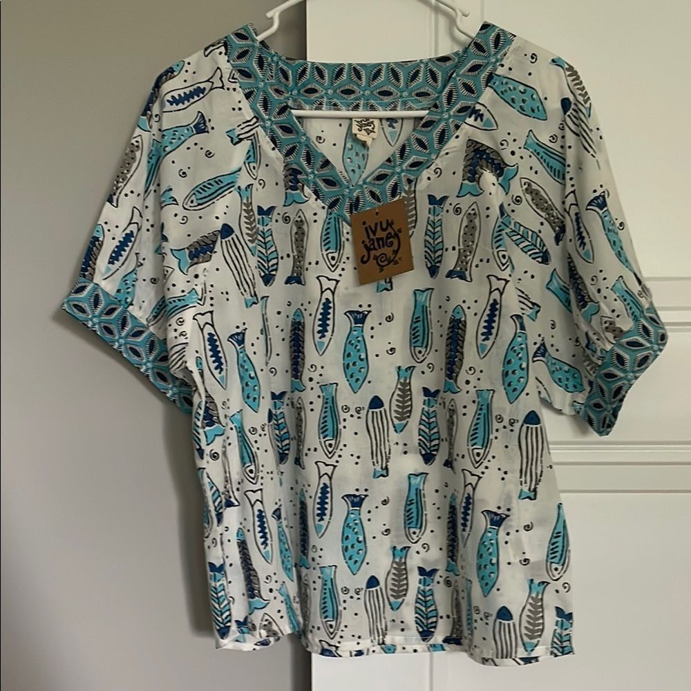 Ivy Jane Blue and White Fish Patterned Top